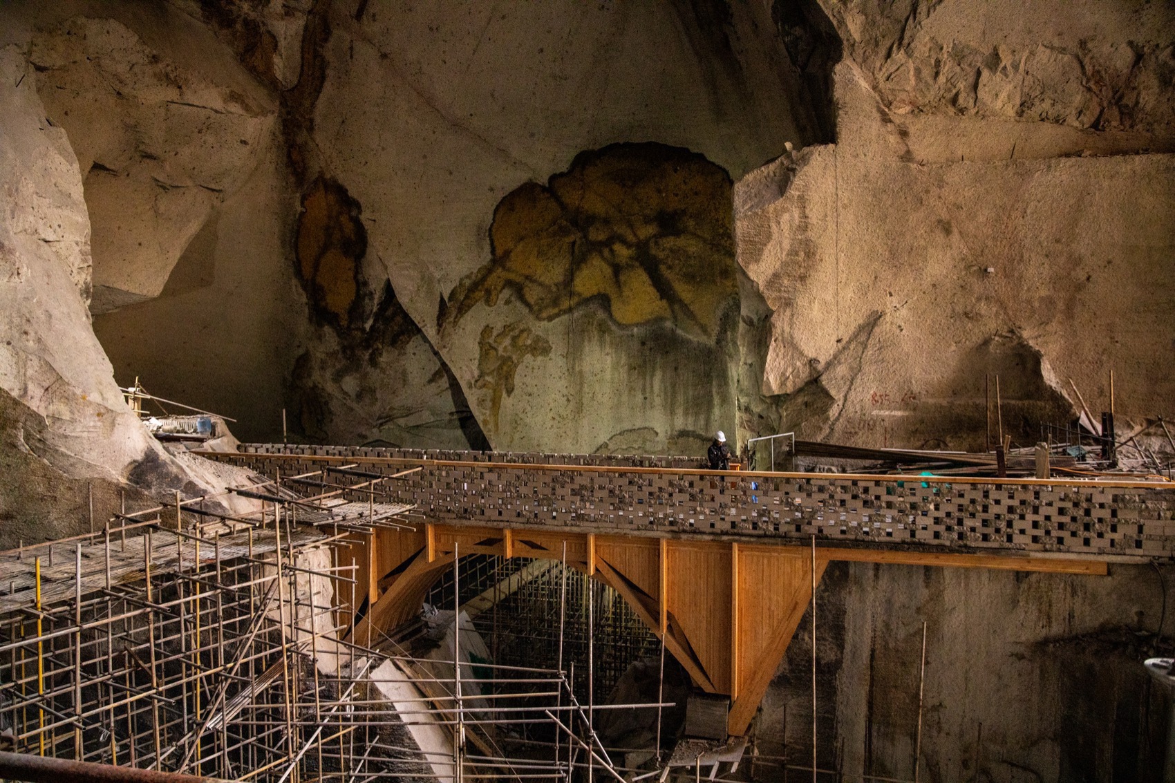 Scaffolding around a timber bridge during construction