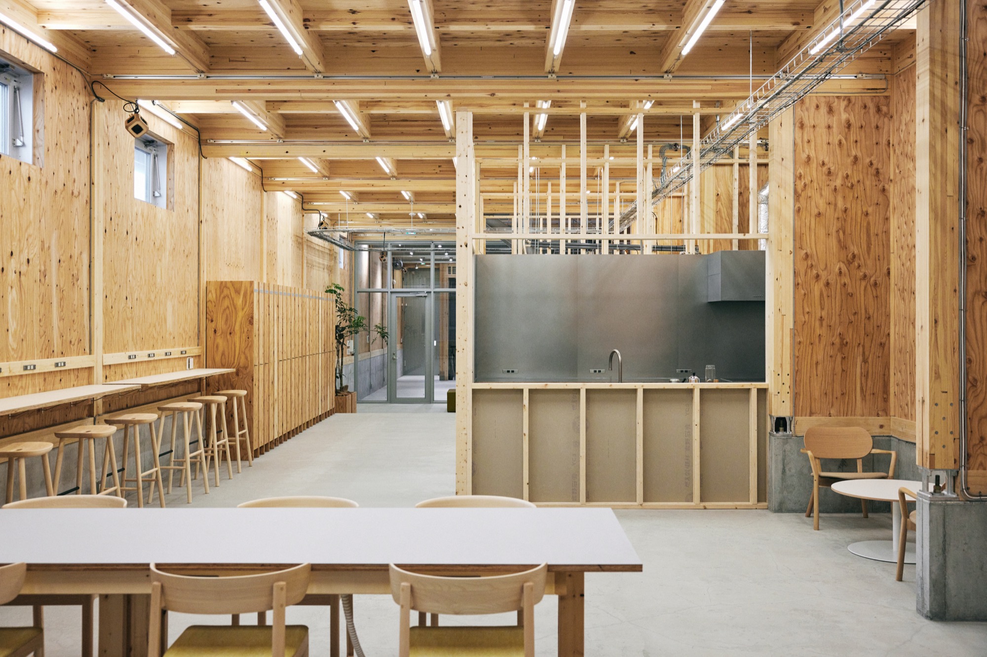 Long workspace with timber frames overhead