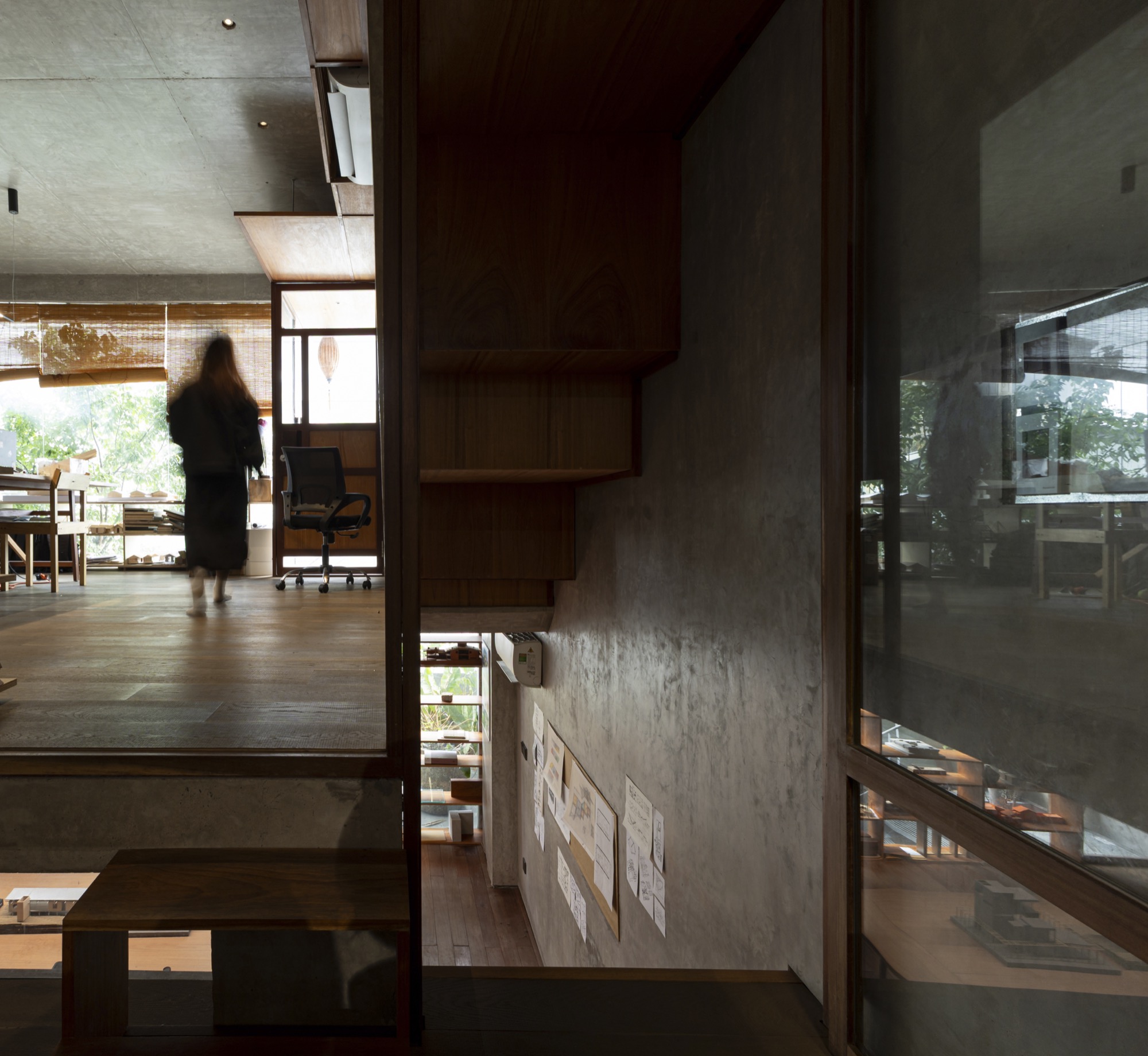 Timber stair passing between floors