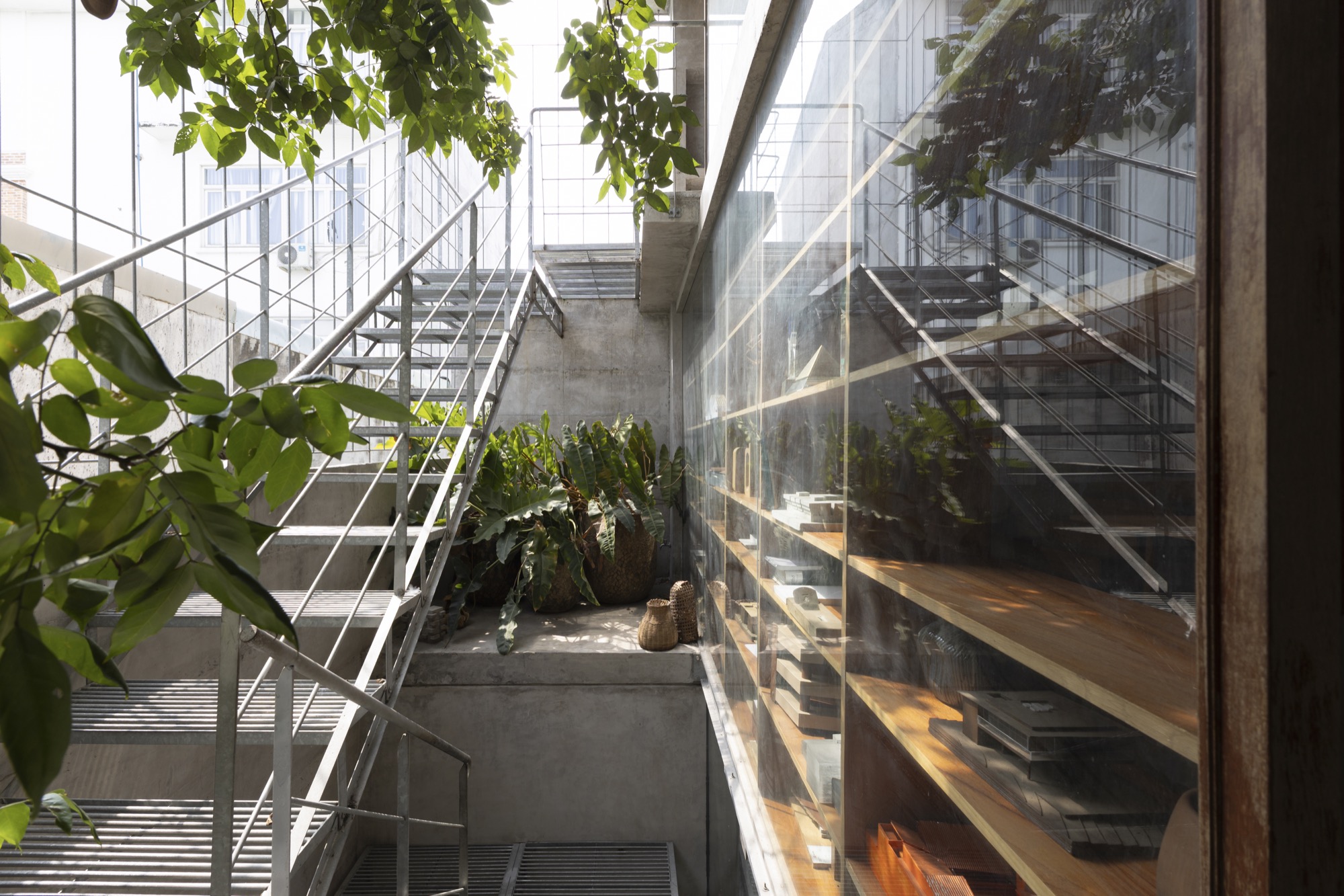 Steel stair rising through the greenery