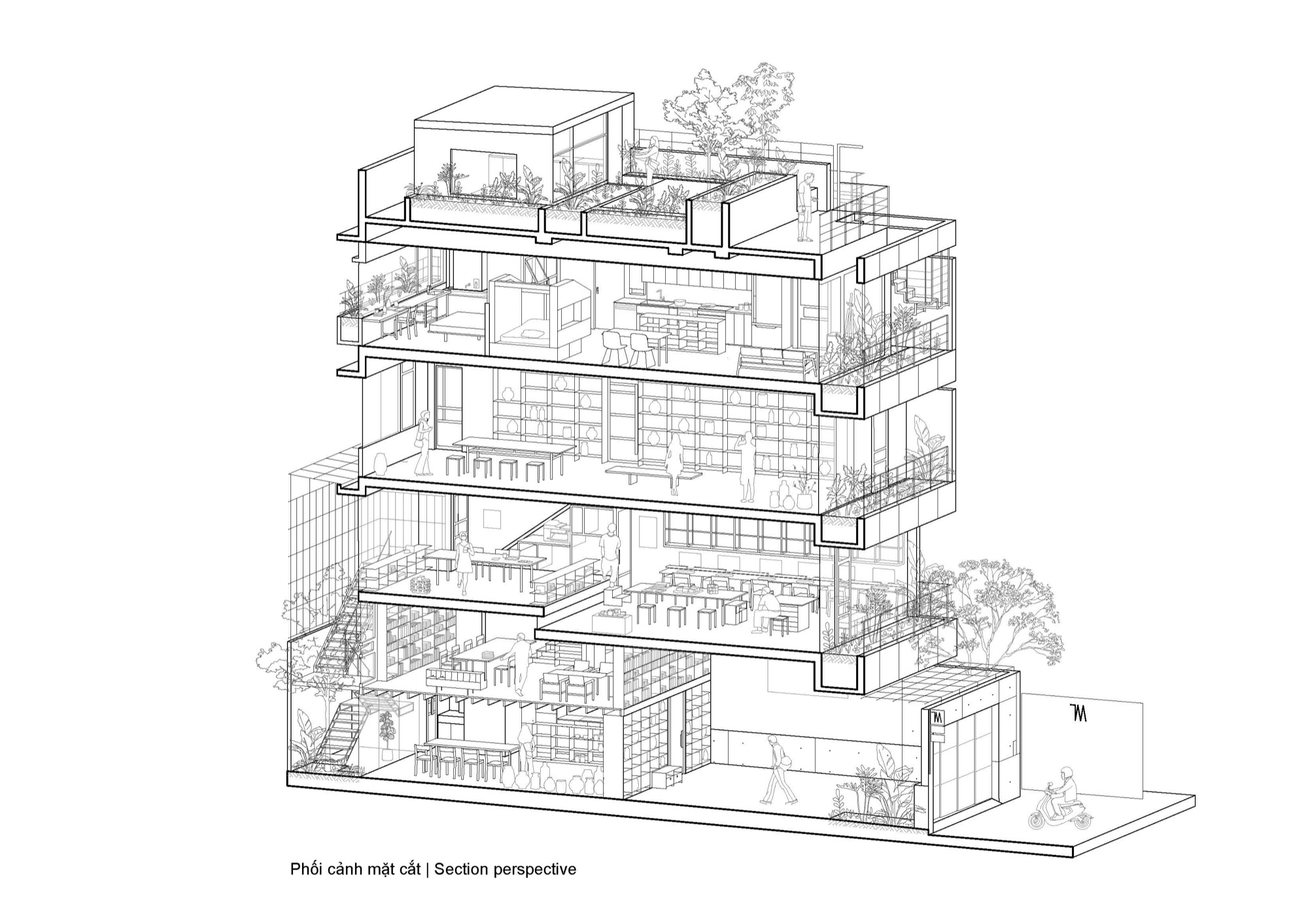 Axonometric of the building and its programs