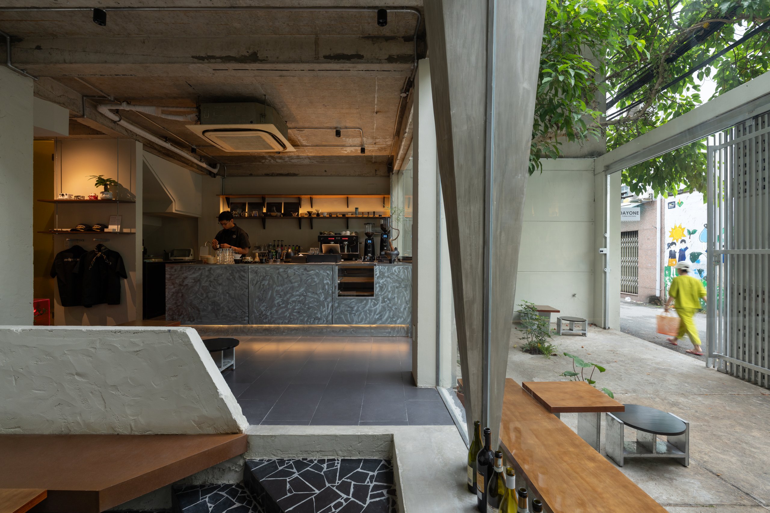 Day1 Cafe by oh.hi studio, ground floor opening toward the courtyard
