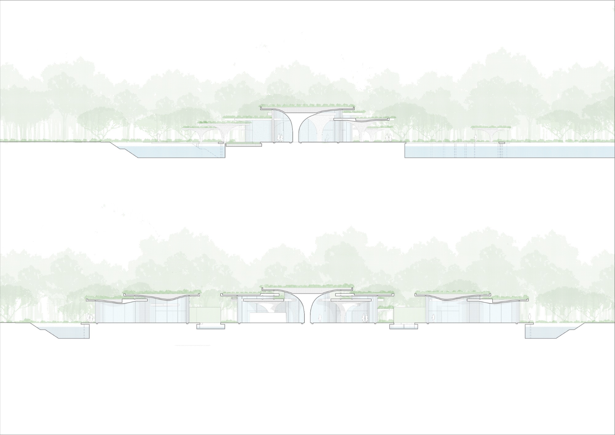 Sections through the pavilions and the surrounding water