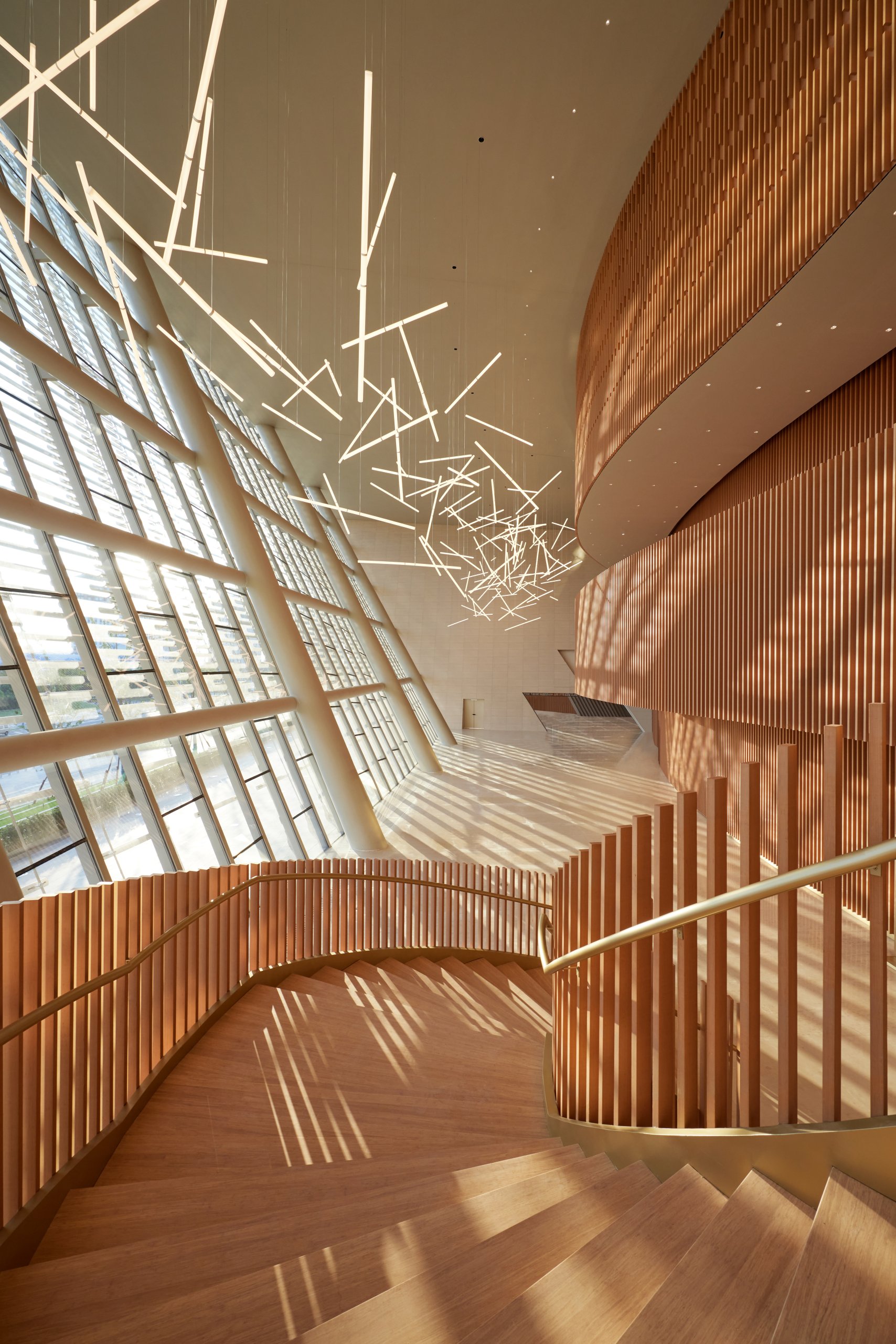 Curving bamboo balconies in the foyer